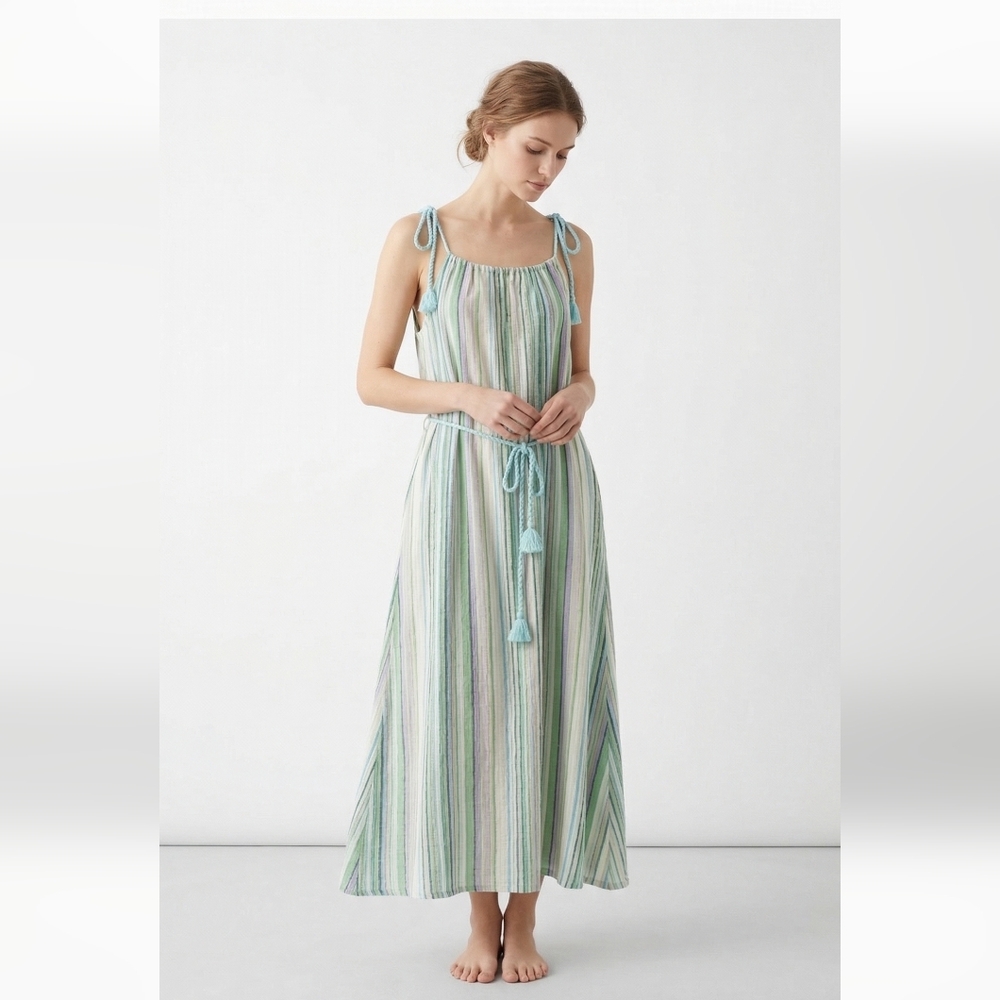 NWT Time and Tru Blue Green Sleeveless Dress Striped Belted Maxi Linen L